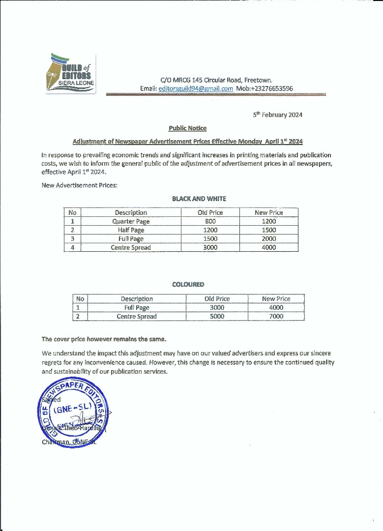 Read more about the article Adjustment of Newspaper Advertisement Prices Effective Monday April 1st 2024