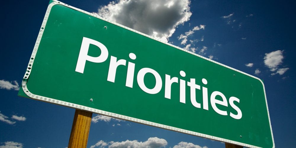 "Priorities" Road Sign with dramatic clouds and sky.