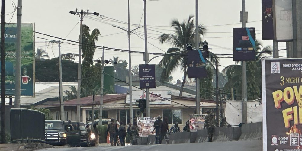 Soldiers patrolling streets in Freetown on 26th November 2023
